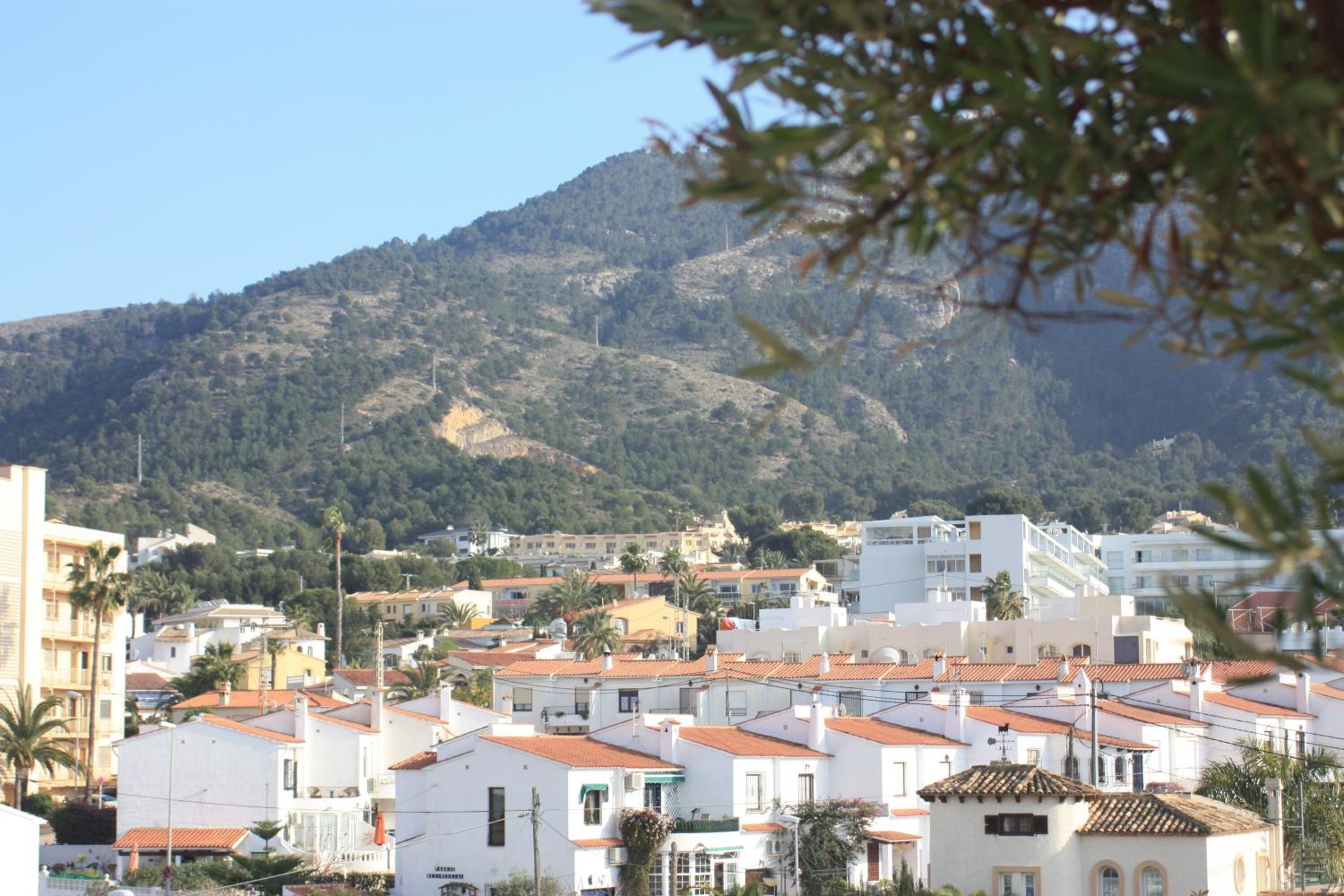 Un pueblo costero con edificios blancos y techos de tejas rojas, rodeado de colinas y palmeras.