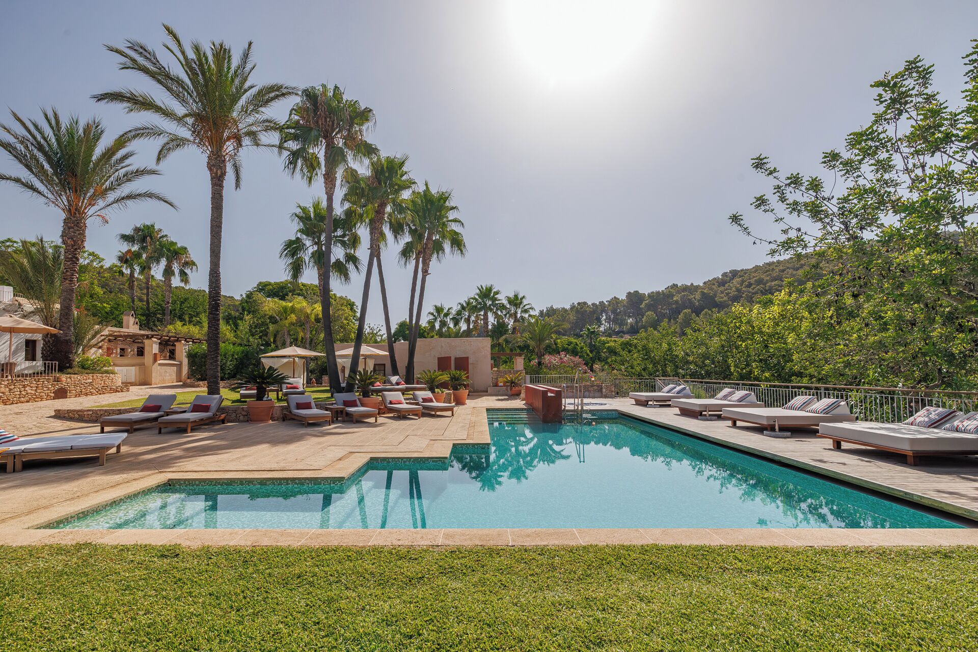 A poolside area with lounge chairs and palm trees.
