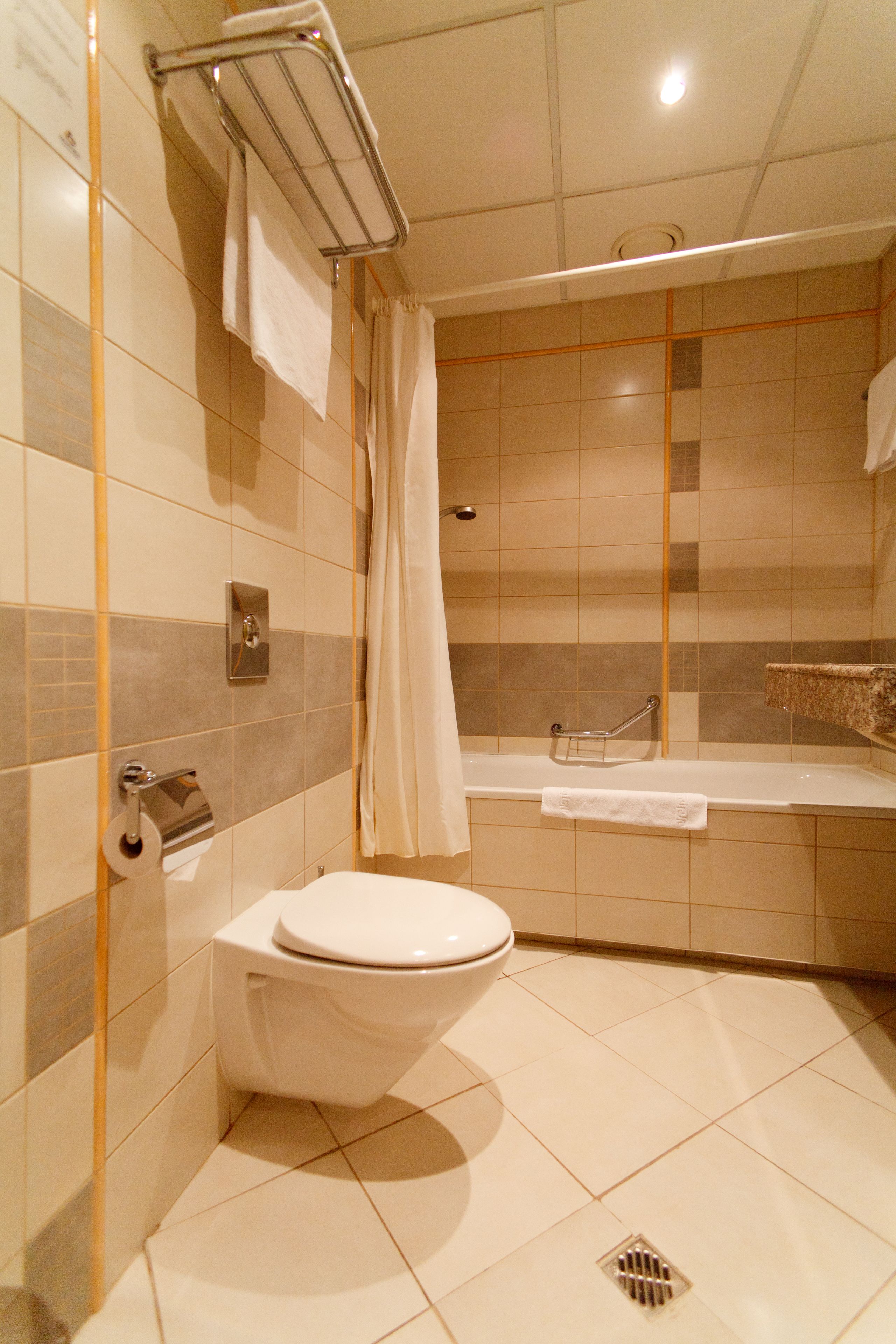 Un baño moderno con inodoro, ducha y lavamanos.