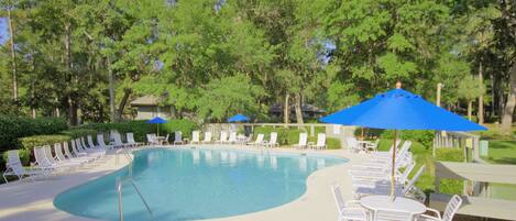 A pool area with lounge chairs and umbrellas, surrounded by trees.