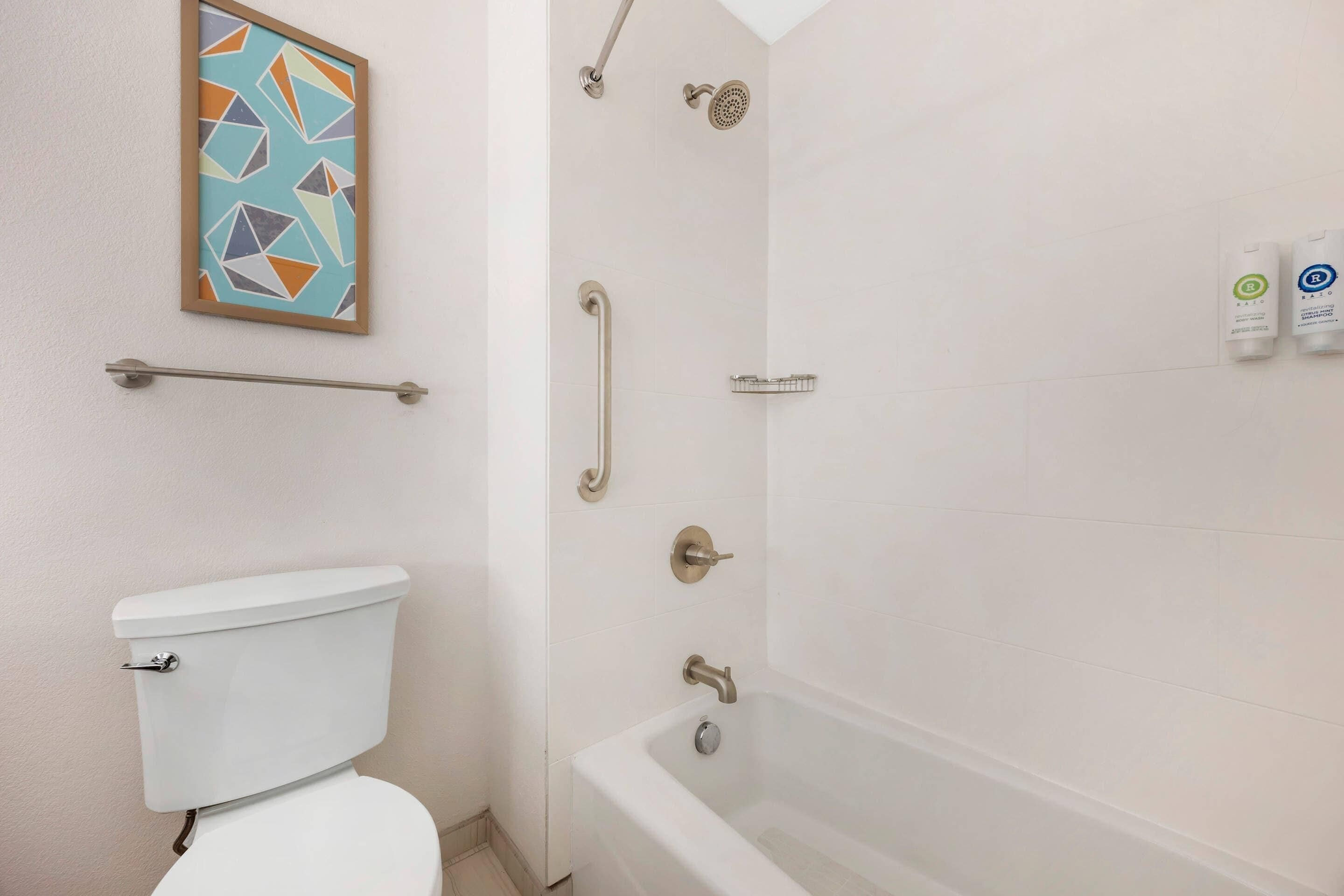 A bathroom with a toilet, a shower with grab bars, and a bathtub.