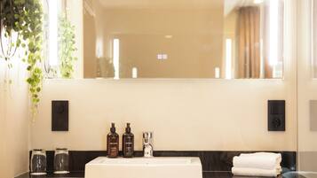 A bathroom with a white sink, black countertop, and a mirror above it. There are two bottles of body lotion and a bottle of shampoo on the counter. A white towel is folded on the right side of the sink.