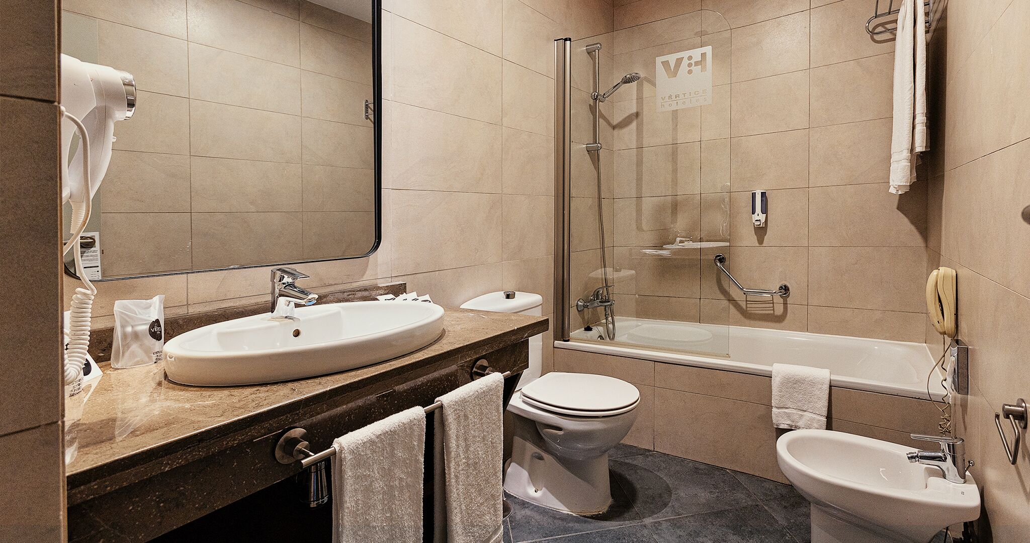 combined shower/bathtub, free toiletries, hair dryer, bidet