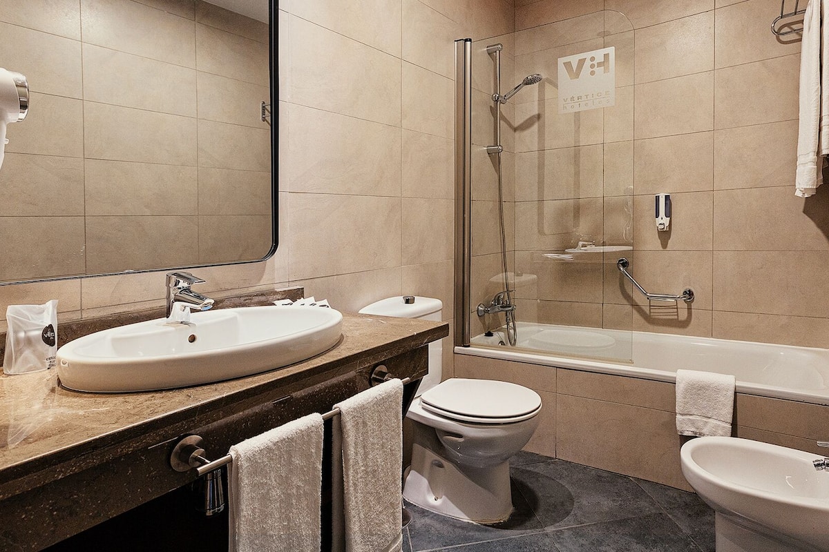 combined shower/bathtub, free toiletries, hair dryer, bidet
