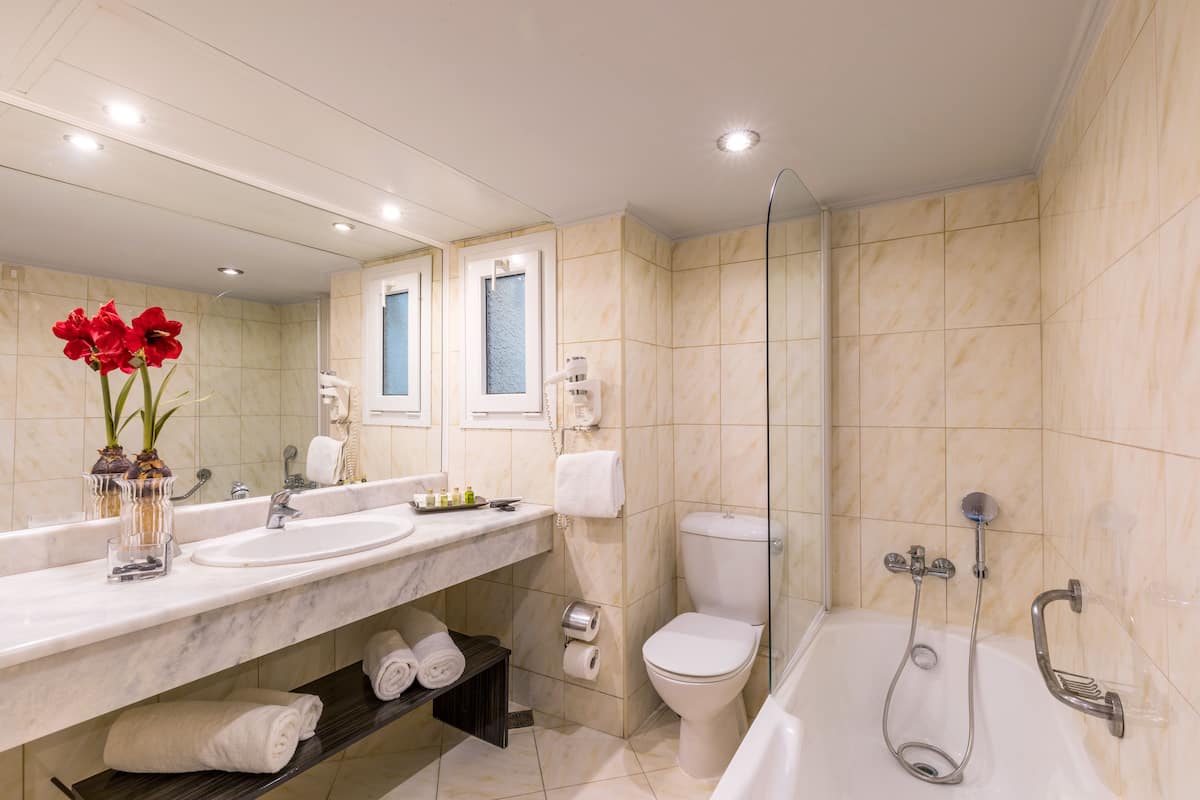 combined shower/bathtub, free toiletries, hair dryer, slippers