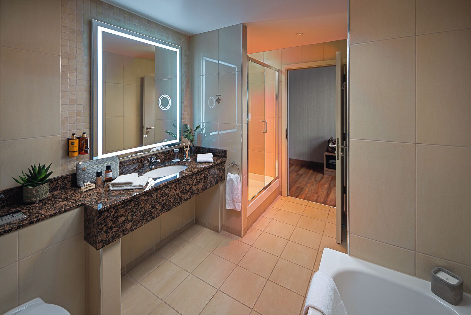 rooftop balcony suite | bathroom | free toiletries, hair dryer, slippers, towels