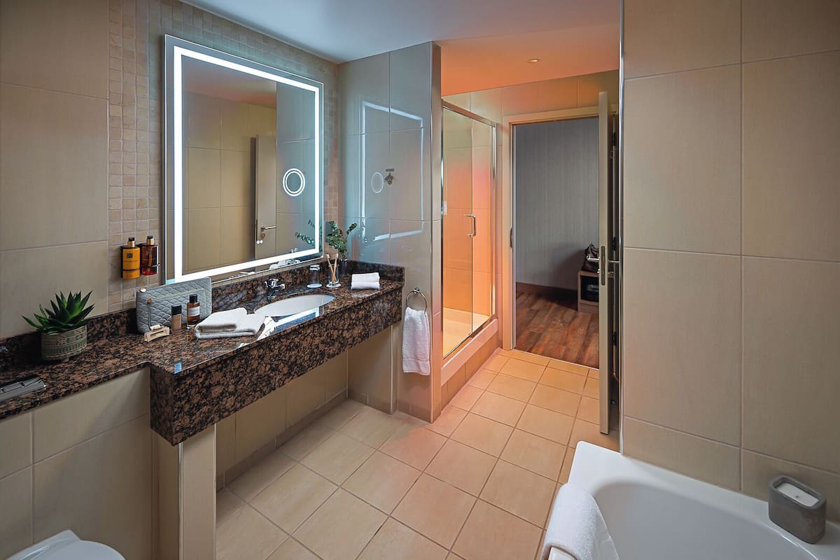 rooftop balcony suite | bathroom | free toiletries, hair dryer, slippers, towels