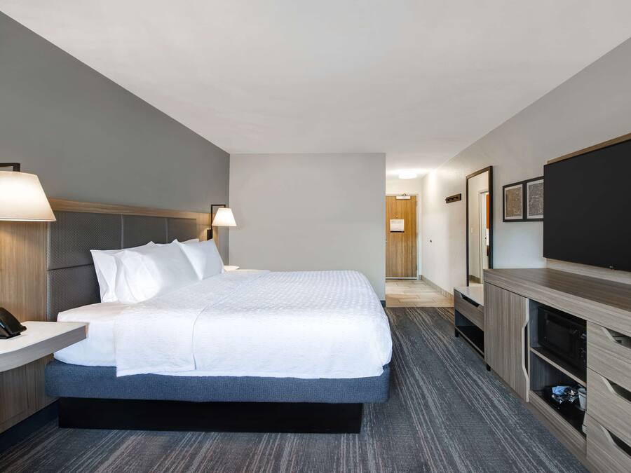 Habitación de hotel moderna con una cama grande, lámparas de noche, un televisor de pantalla plana, un escritorio con teléfono y un microondas.