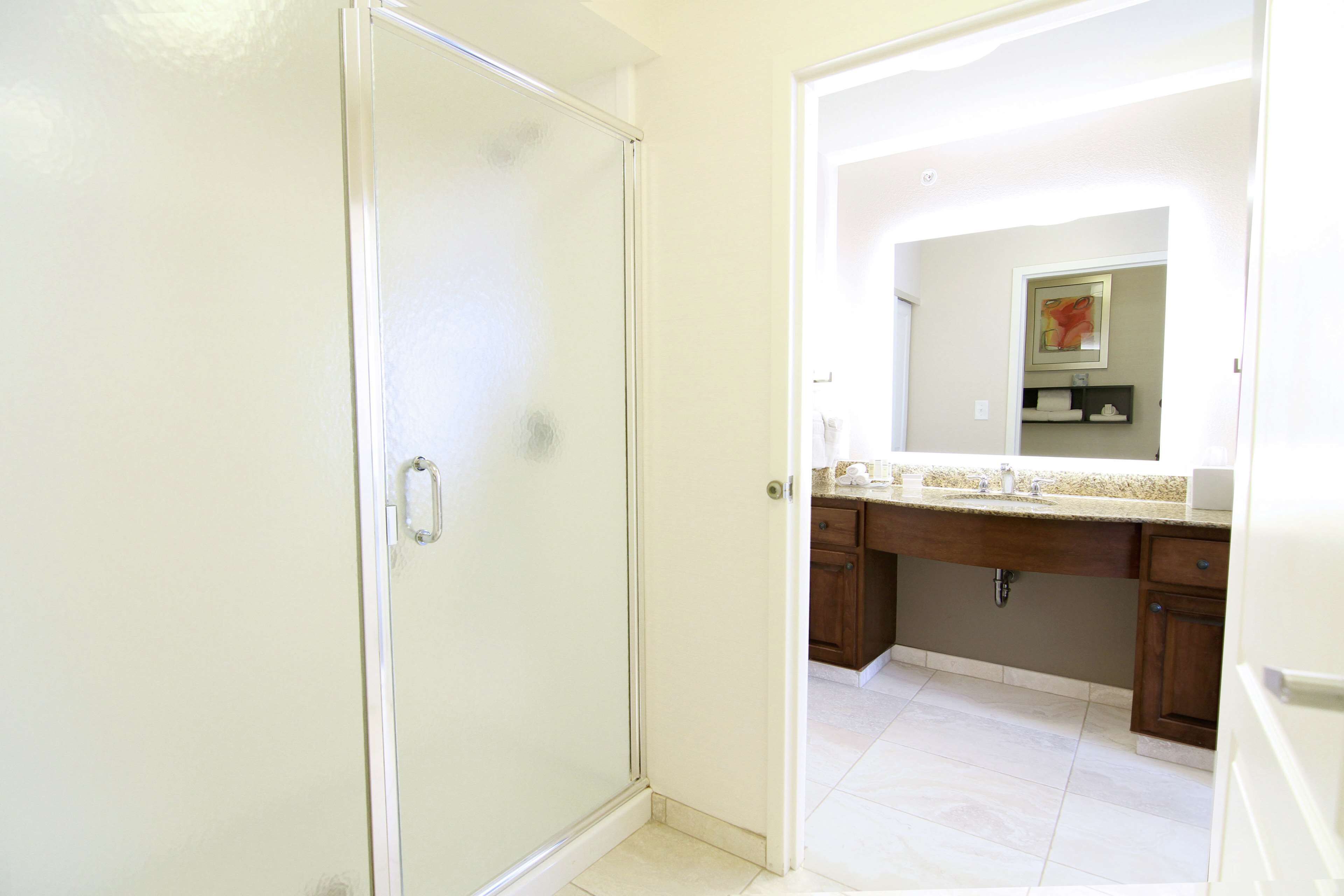 A bathroom with a shower, a sink, and a mirror.