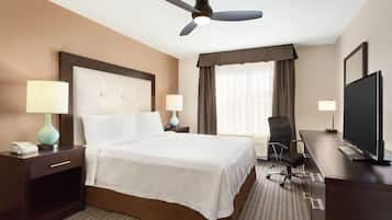 Desk, laptop workspace, blackout drapes, soundproofing