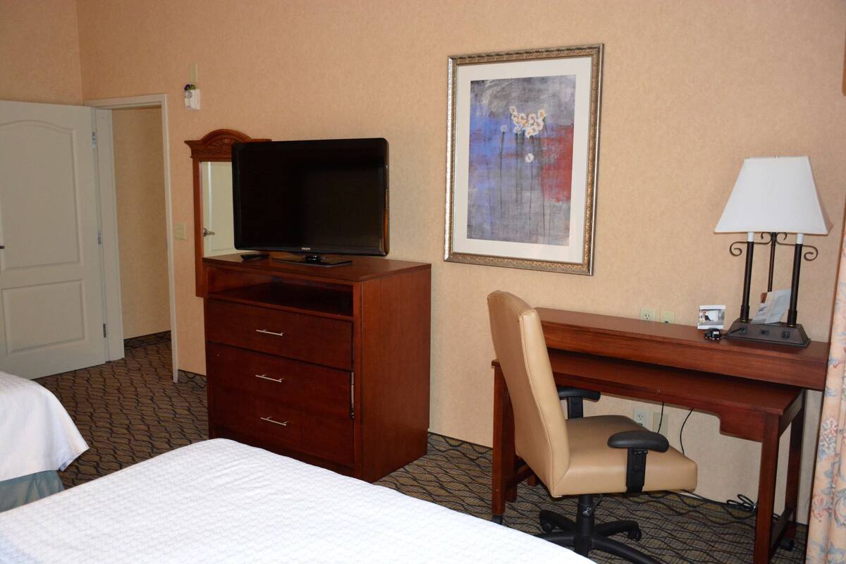 Une chambre d’hôtel avec un lit, un bureau et une chaise, une télévision et un tableau encadré au mur.