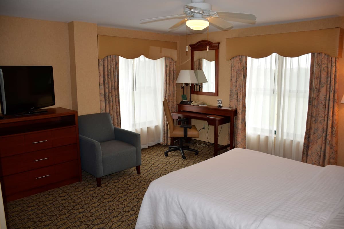Une chambre d’hôtel équipée d’un lit, d’un bureau, d’une chaise, d’une télévision et d’un ventilateur de plafond.