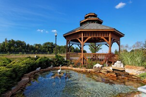 A wooden gazebo with a clear blue sky in the background.