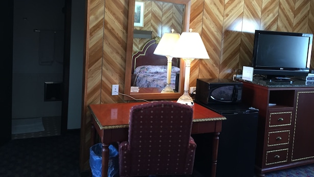 Habitación de hotel con pared de madera en patrón espiga, cama con colcha floral, escritorio con lámpara, televisor y una silla.