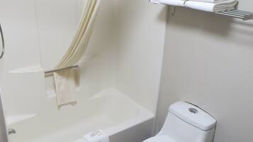 Combined shower/tub, hair dryer, towels, soap