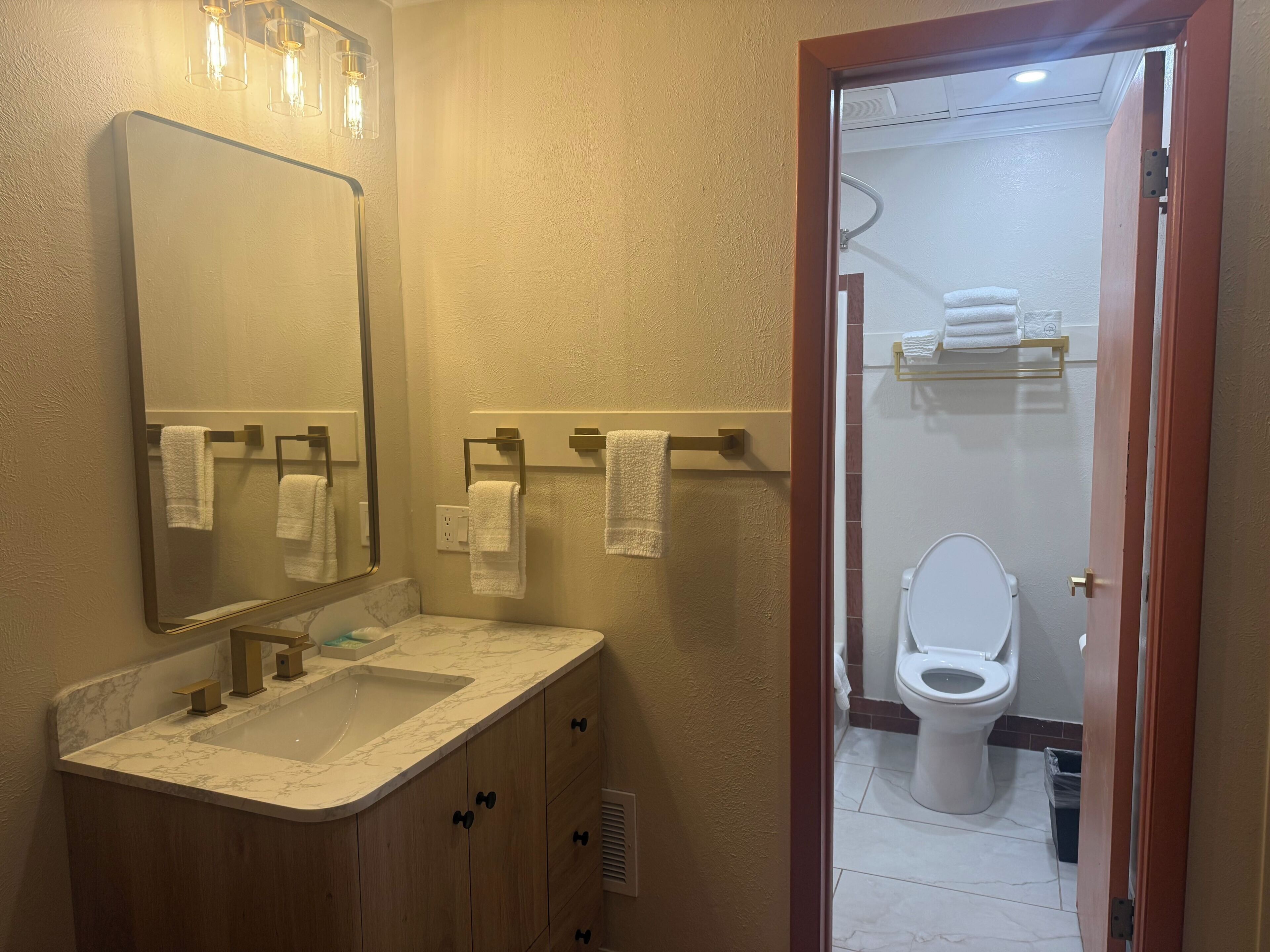 A bathroom with a marble sink, a mirror, and a toilet.