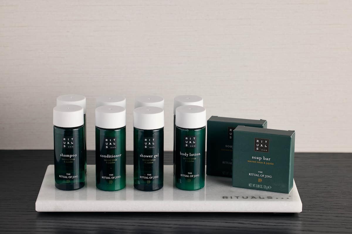 free toiletries, hair dryer, towels