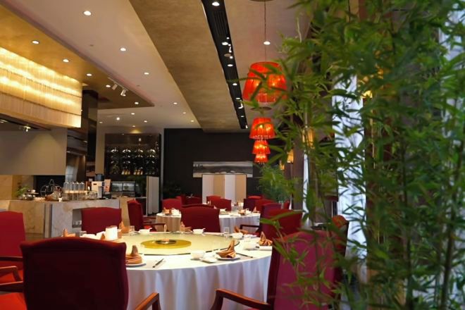 Un restaurant avec des tables rondes, des chaises rouges et un coin bar.