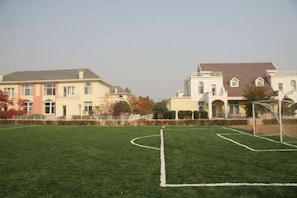 A soccer field with goalposts and a fence, surrounded by buildings with a traditional architectural style.
