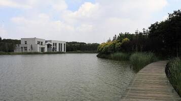 A modern building by a calm lake with a wooden dock leading to it.
