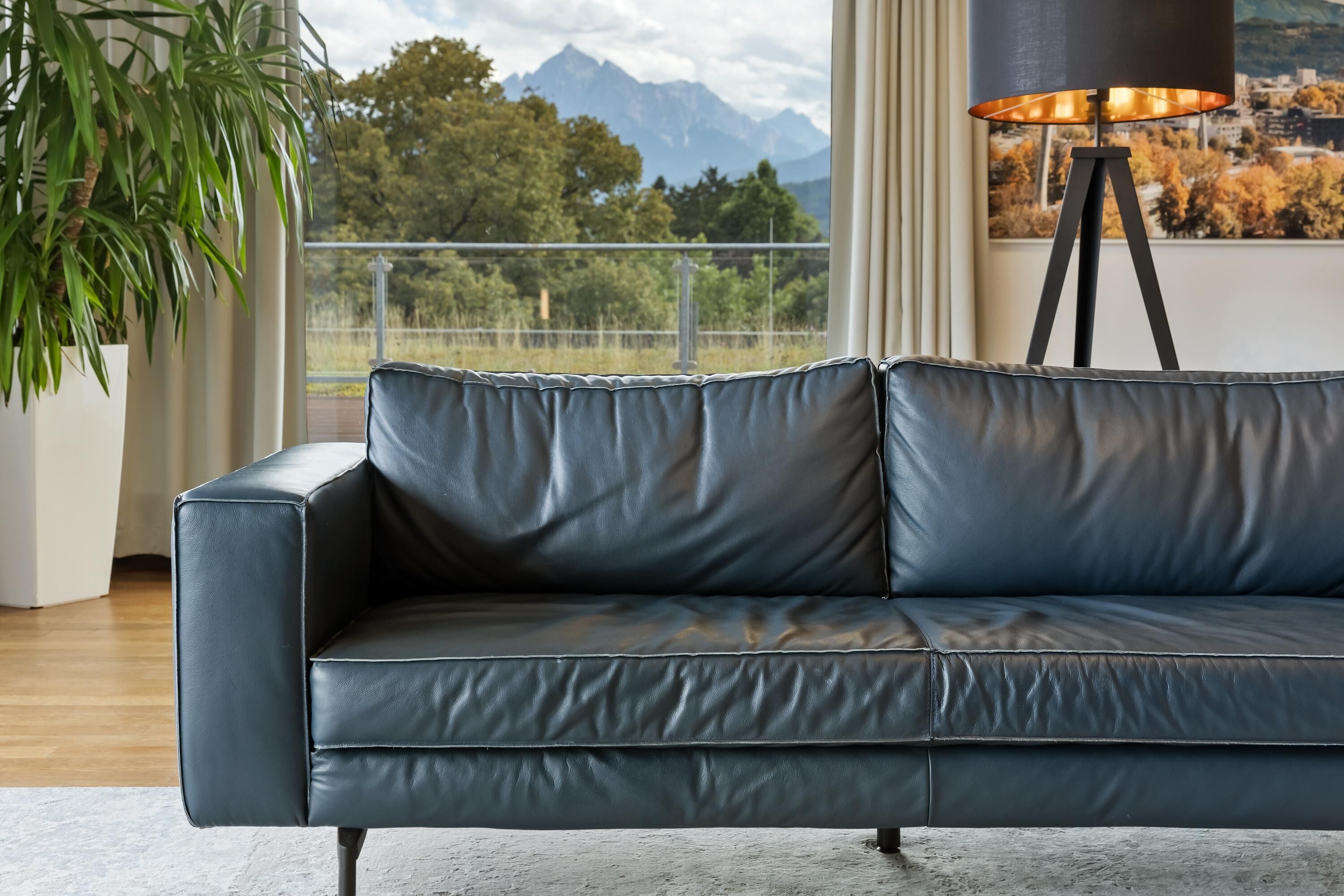 A dark leather sofa in a room with a large window offering a view of mountains and trees.