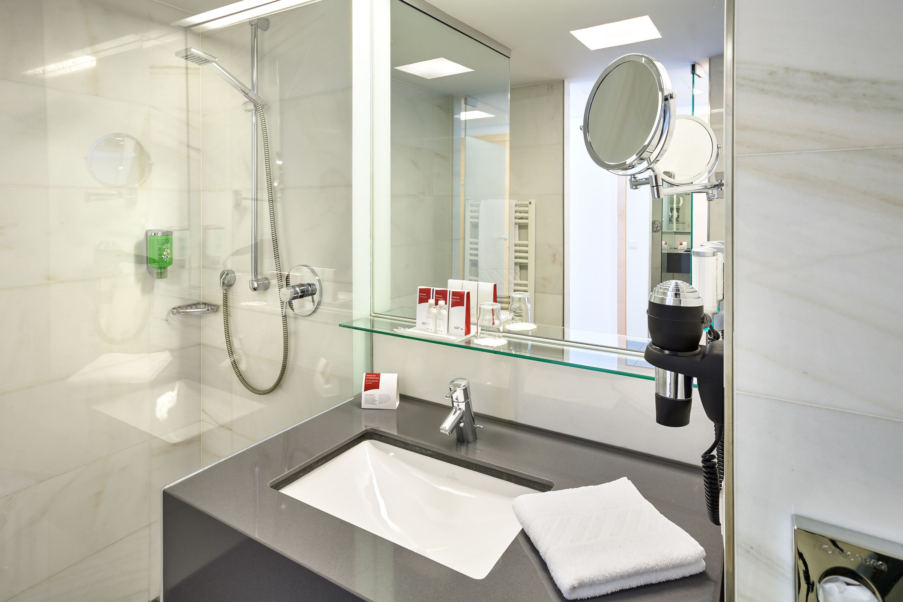 free toiletries, hair dryer, slippers, towels