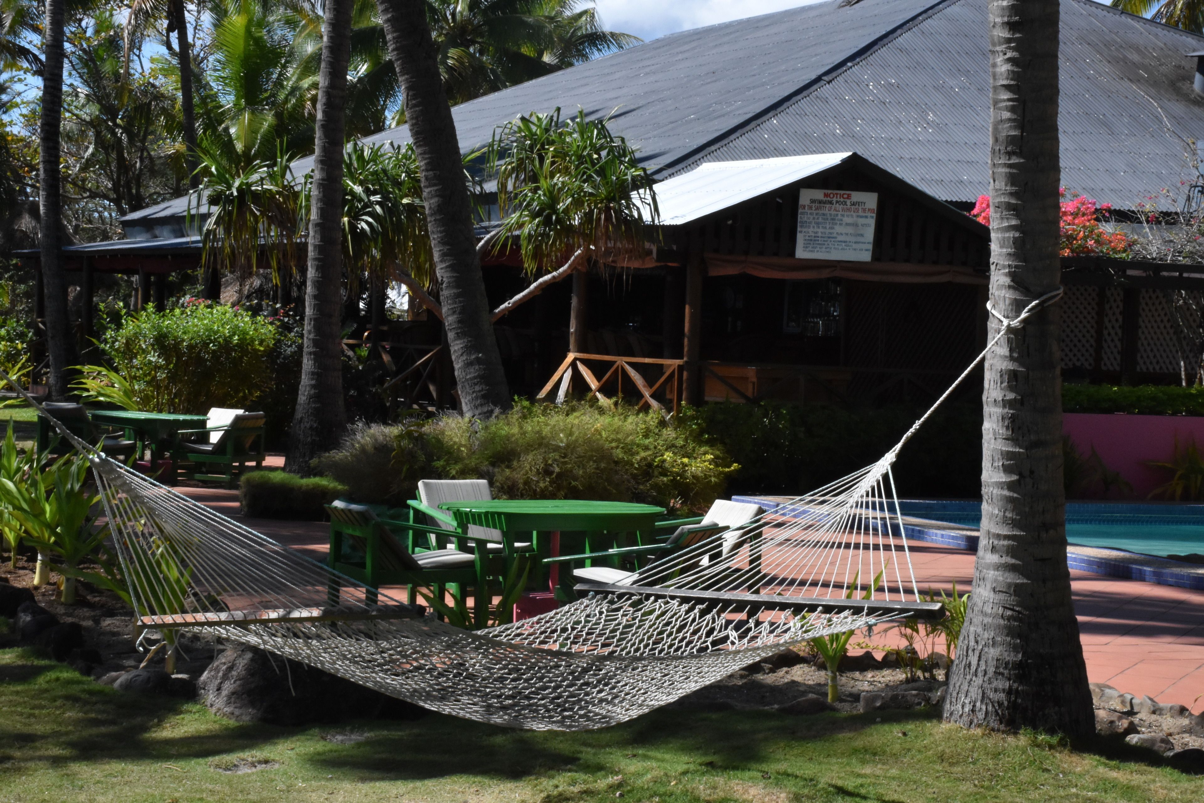 A hammock between palm trees, a pool, and a building with a notice board.