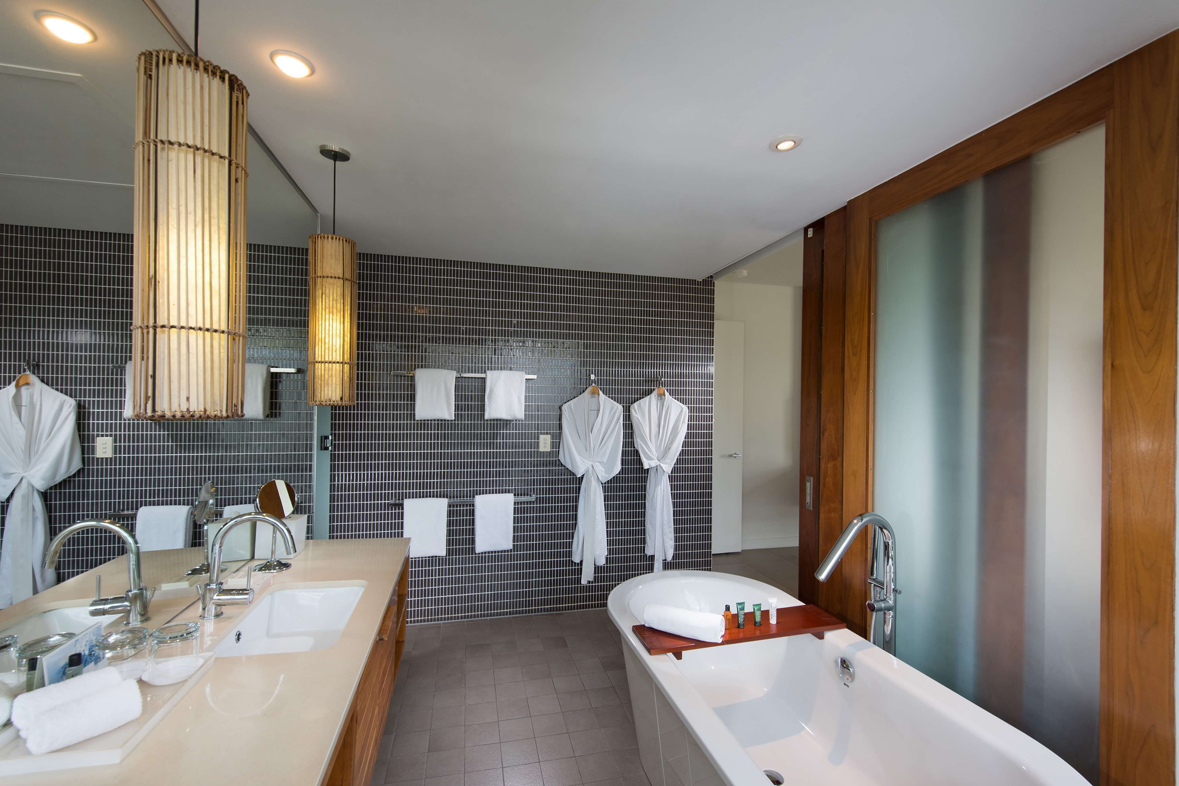 shower, designer toiletries, hair dryer, slippers