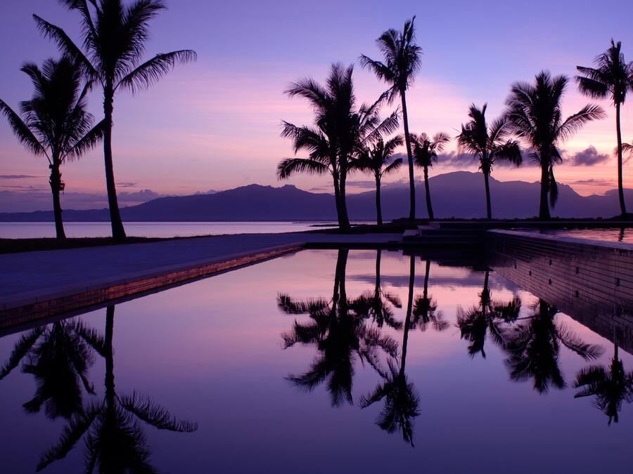 A reflective pool with palm trees and a view of mountains at sunset.