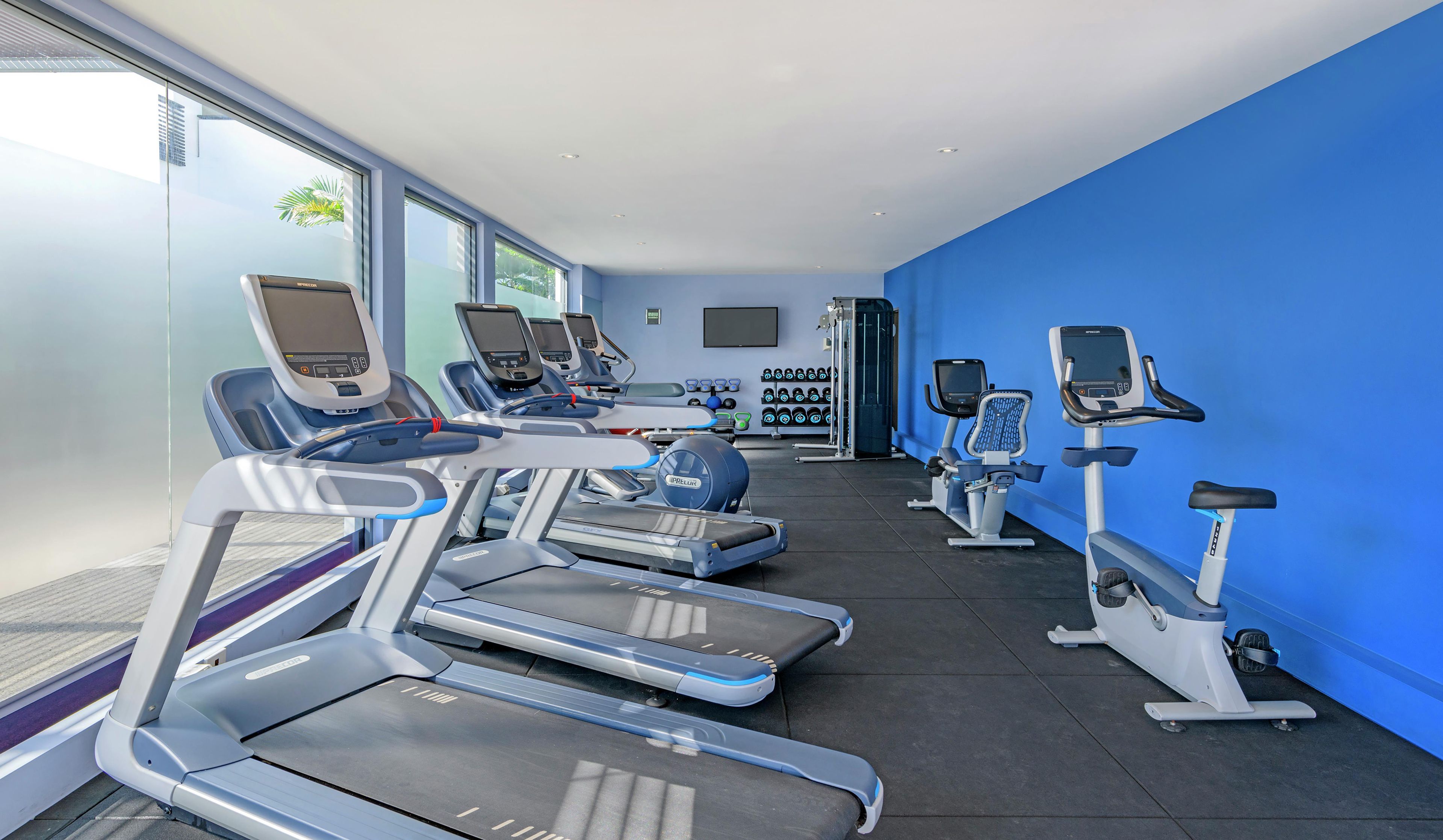 Un gimnasio con cintas de correr, elípticas y un televisor en la pared.
