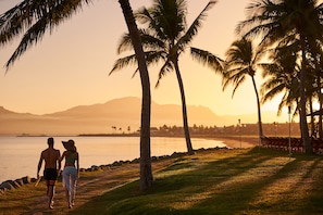 Una pareja caminando por un sendero en la playa, con palmeras y un atardecer de fondo.
