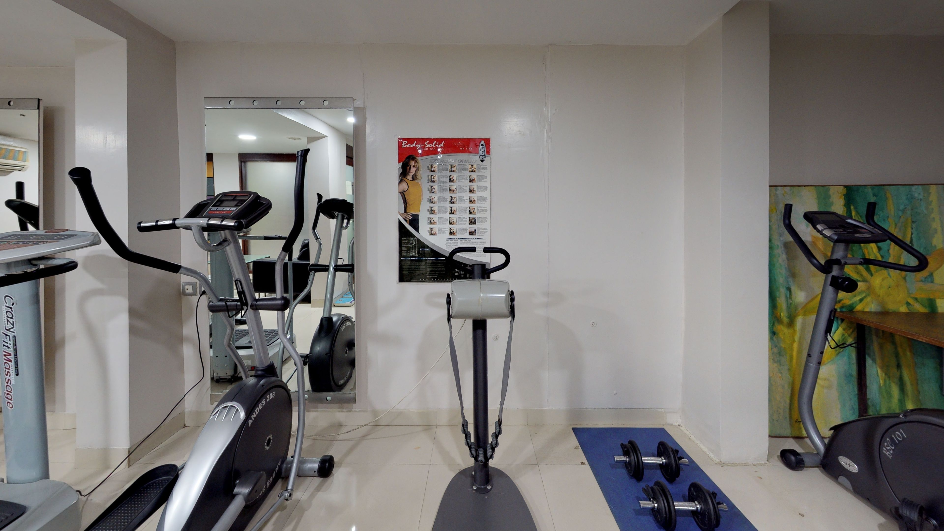Un gimnasio con equipo de ejercicio variado, incluyendo cintas de correr, elípticas y pesas libres.