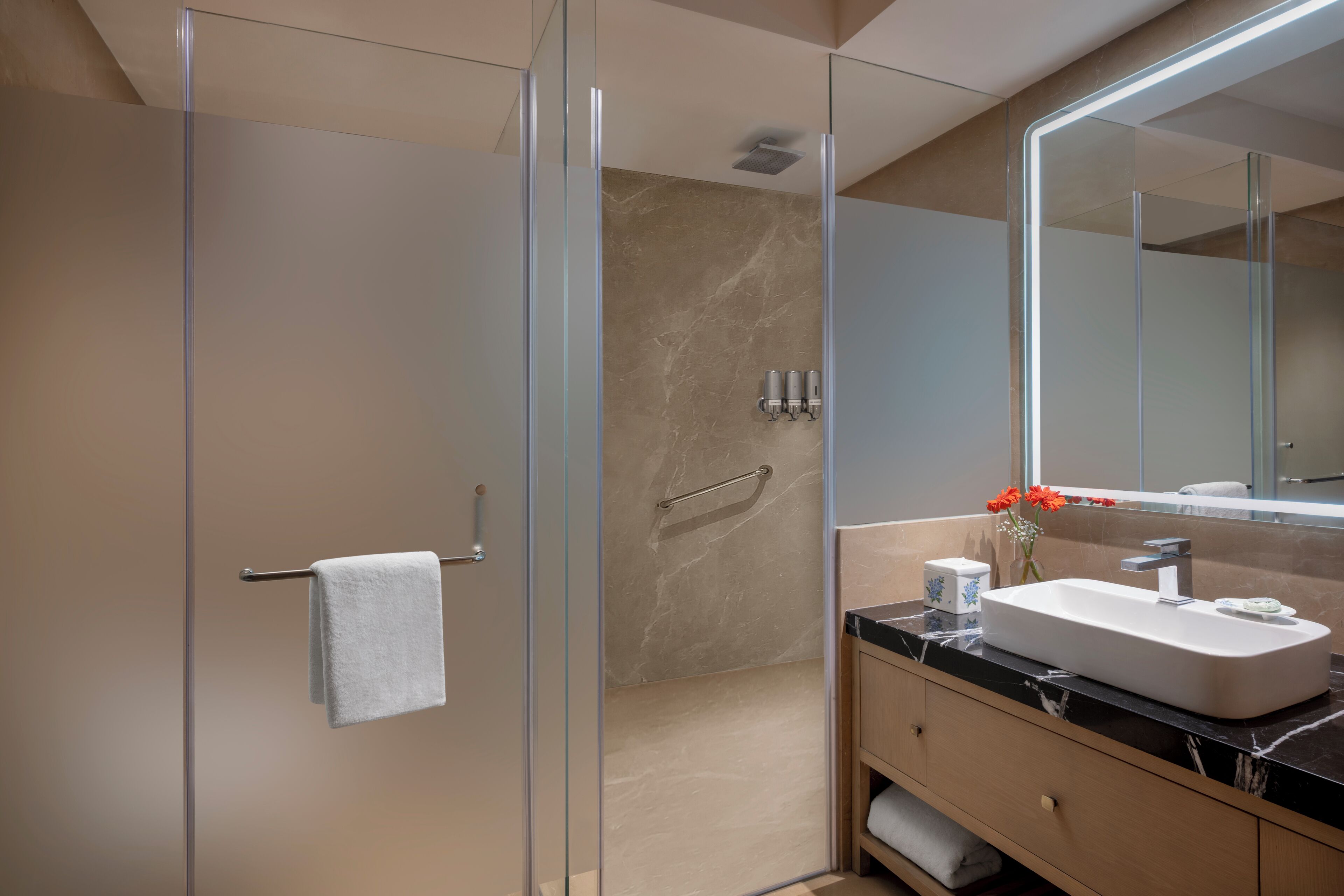 A modern bathroom with a glass-enclosed shower, a vanity with a sink, and a large mirror.