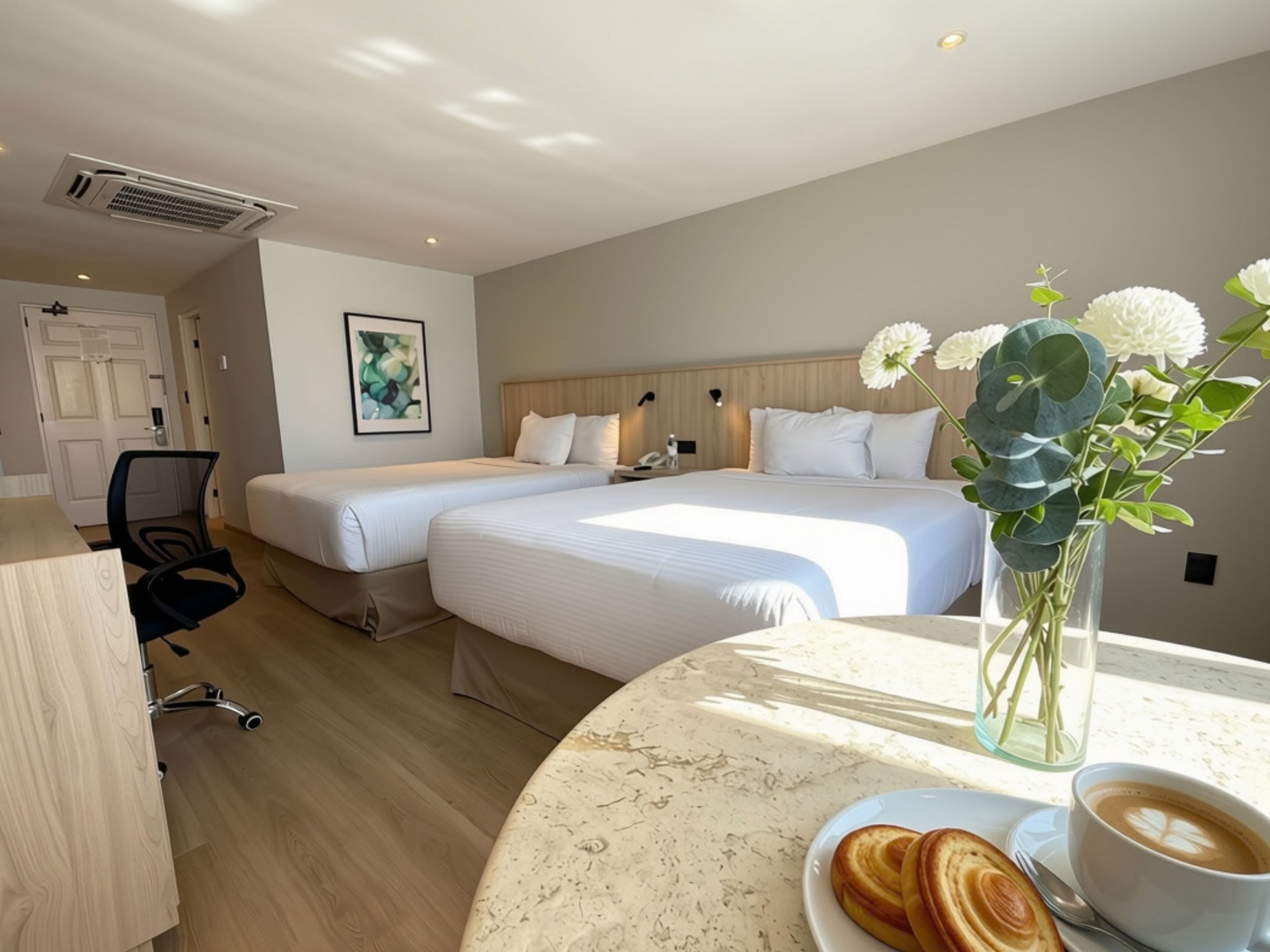 Habitación de hotel con dos camas, un escritorio, una silla, una mesita de centro con pasteles y una taza, y un jarrón con flores.