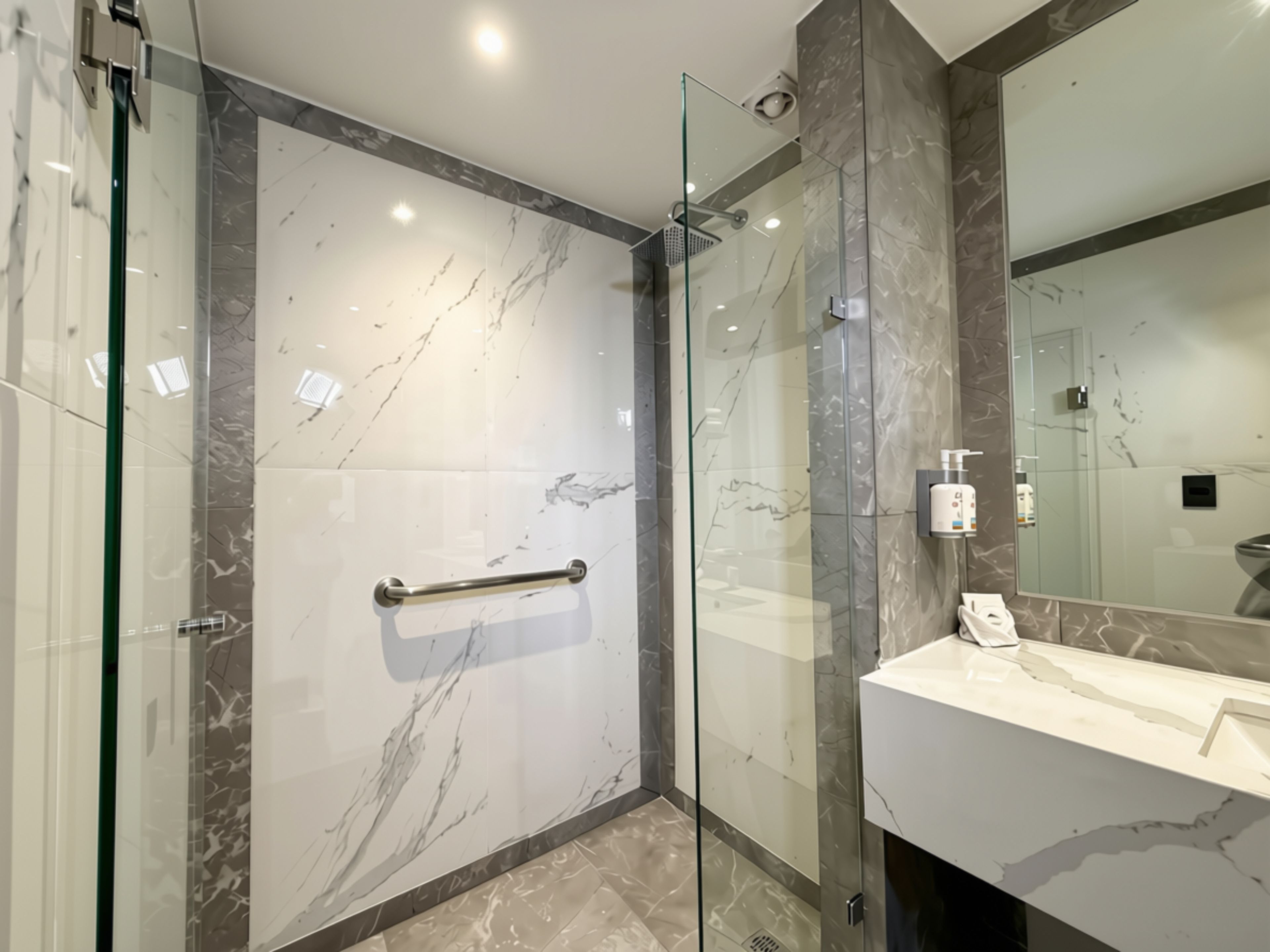 Une salle de bain moderne avec une douche à parois de verre, des murs en marbre et un lavabo blanc.