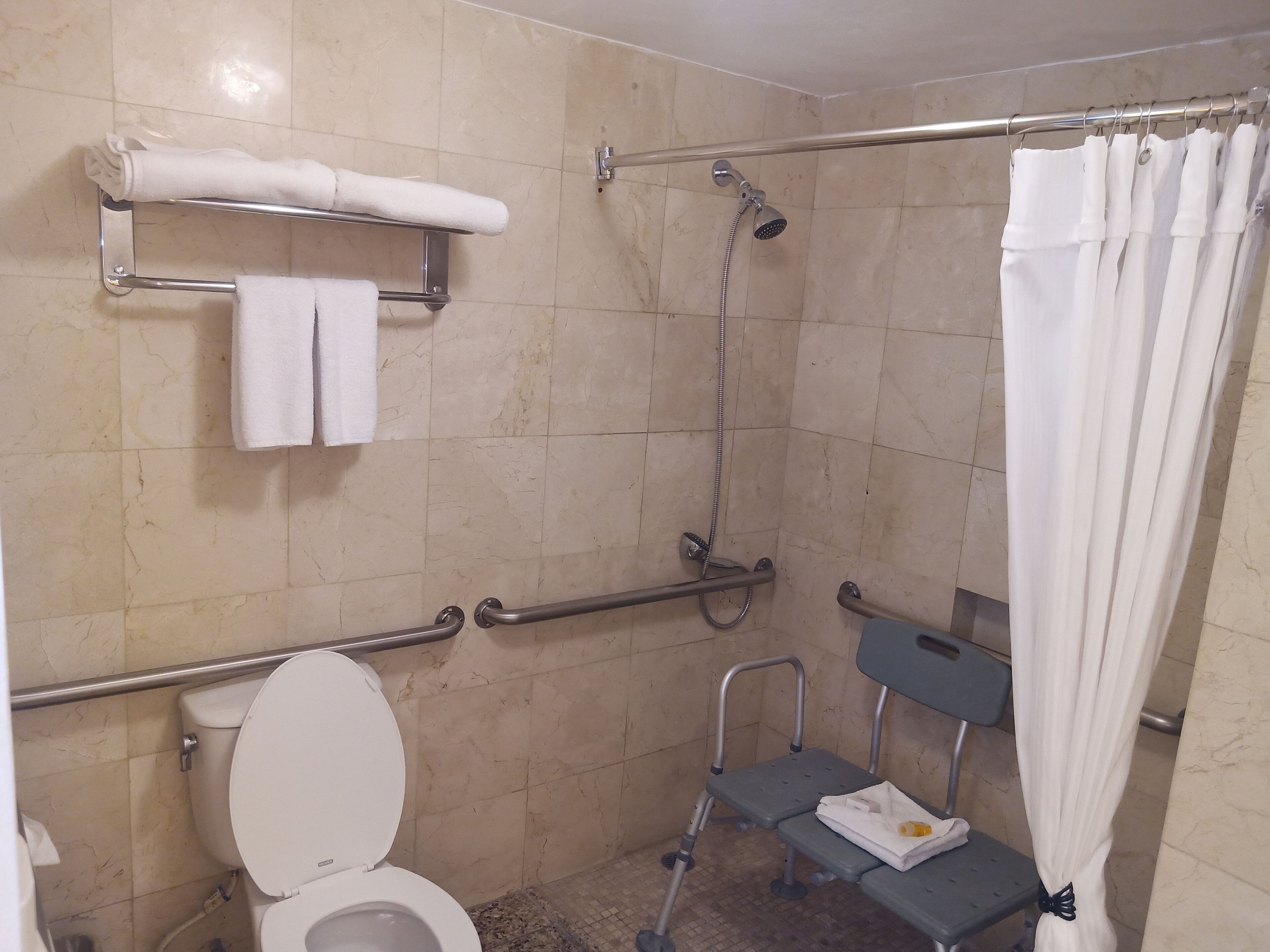 A bathroom with a toilet, a shower with a handheld showerhead, a grab bar, a towel rack, and a step stool.