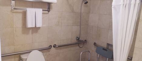A bathroom with a toilet, a shower with a handheld showerhead, a grab bar, a towel rack, and a step stool.