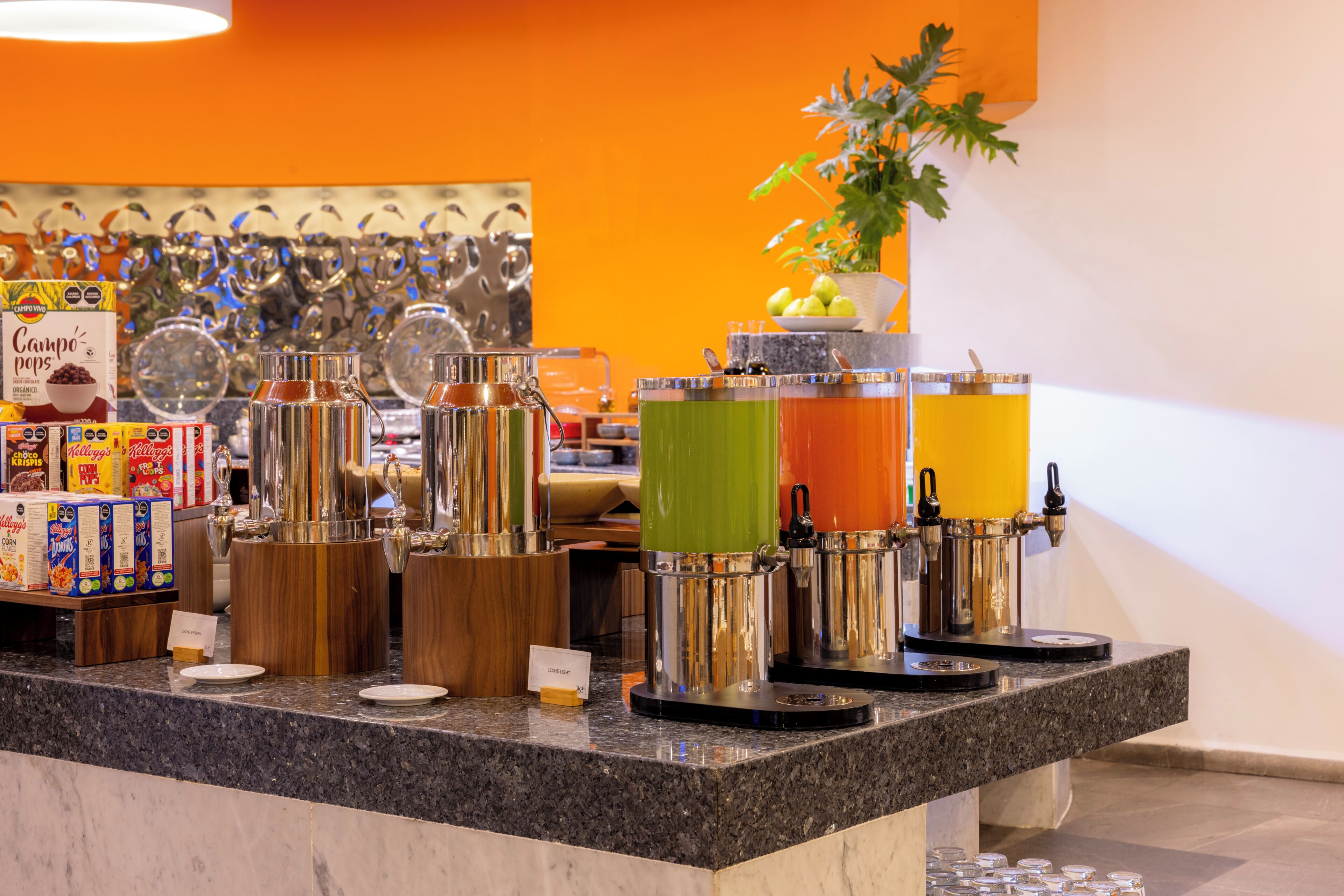 Una barra de desayuno con varios dispensadores de alimentos y bebidas, una planta y cajas de cereales.
