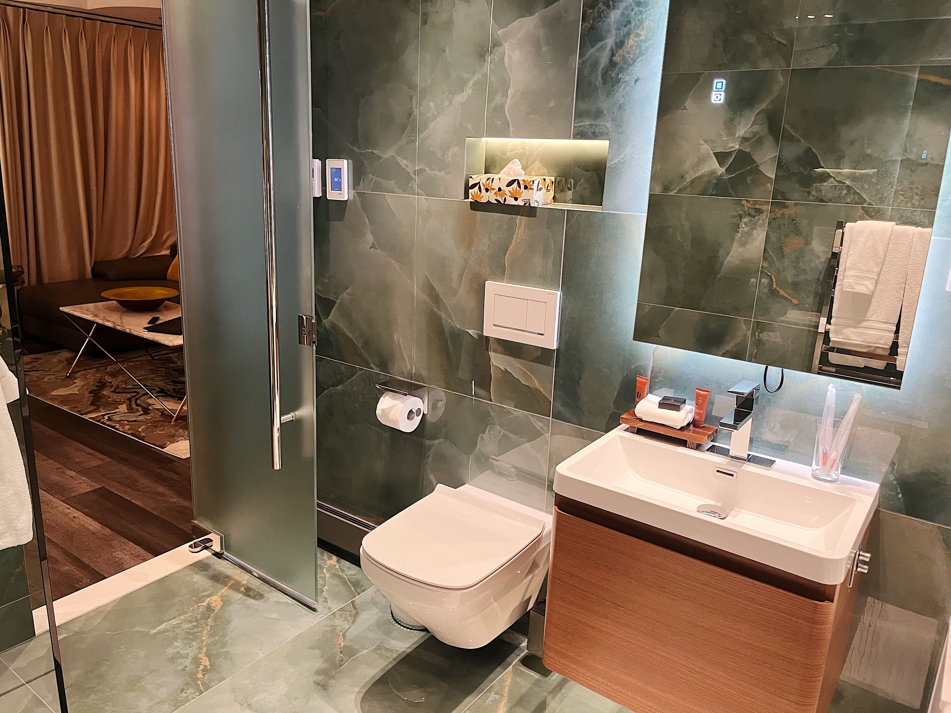 A modern bathroom with a glass shower enclosure, a toilet, a sink with a wooden vanity, and a mirror.