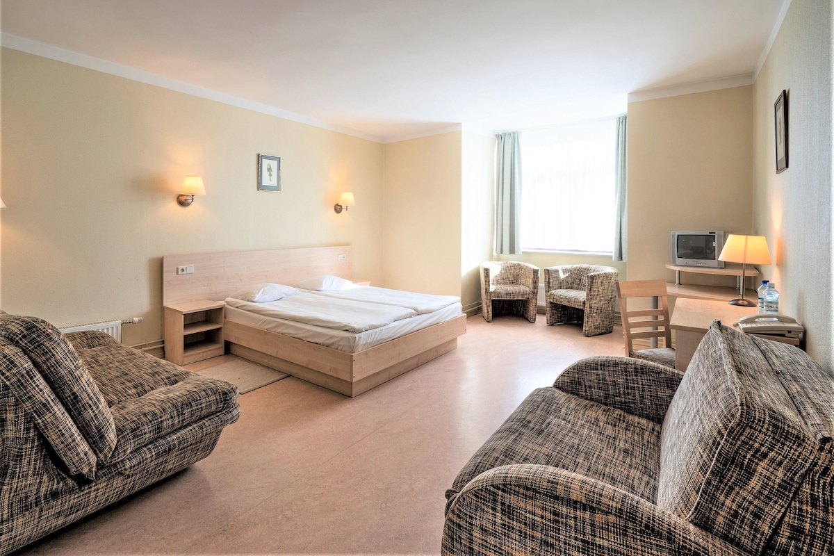 A hotel room with a bed, two armchairs, a small table, a TV, and a window with curtains.