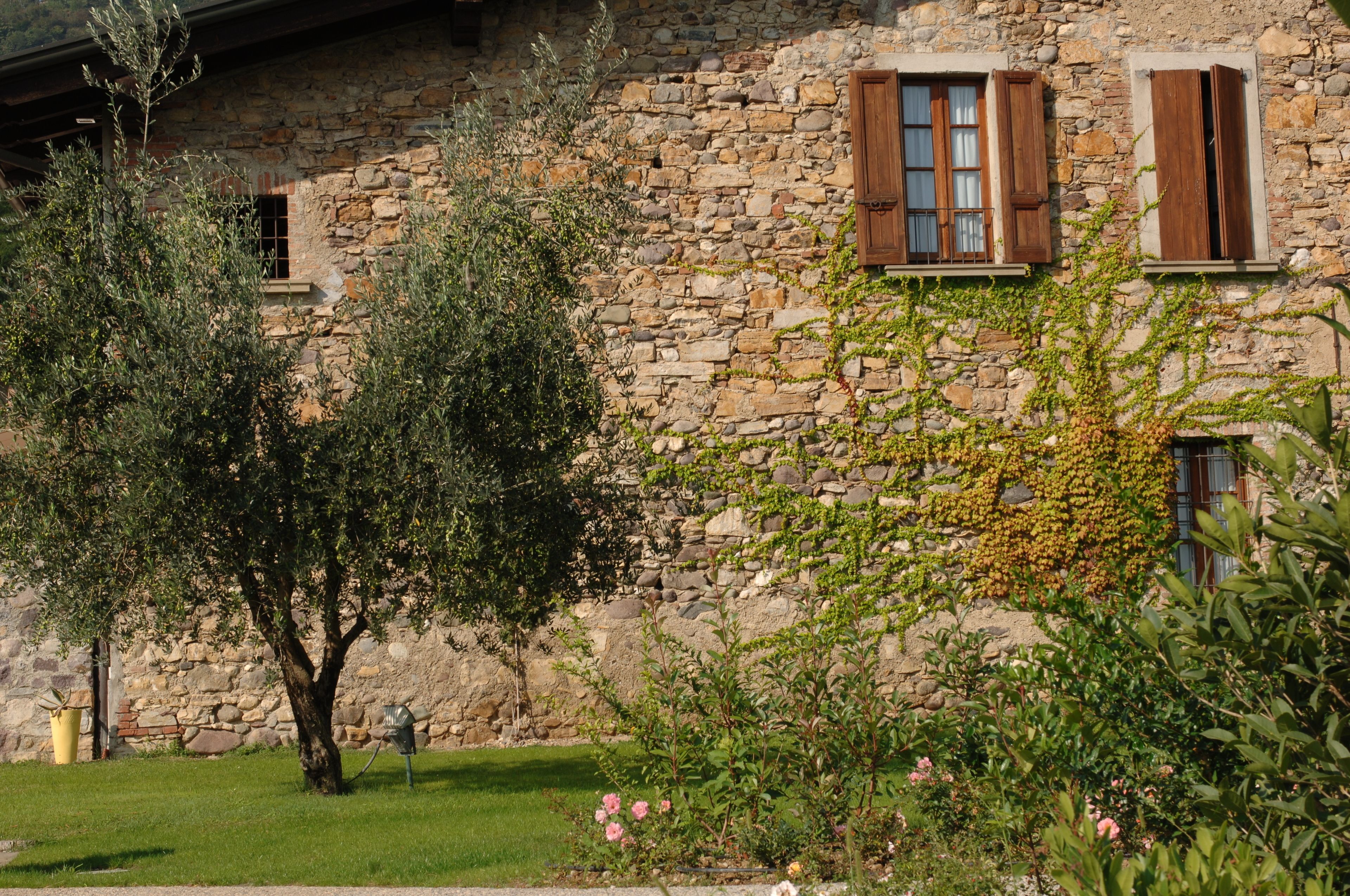 Ein Steinhaus mit Holzhörnern, ein Baum im Vordergrund und eine blumenbewachsene Wiese.