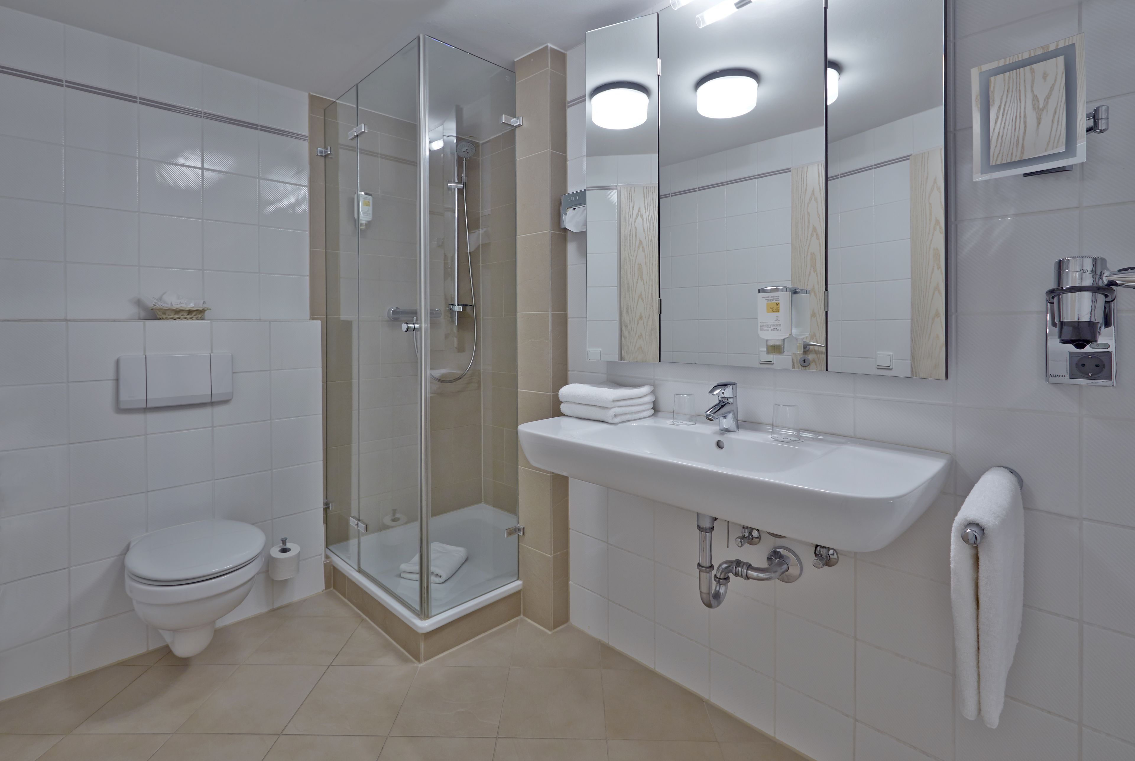 A modern bathroom with a glass-enclosed shower, a white sink, and a toilet.