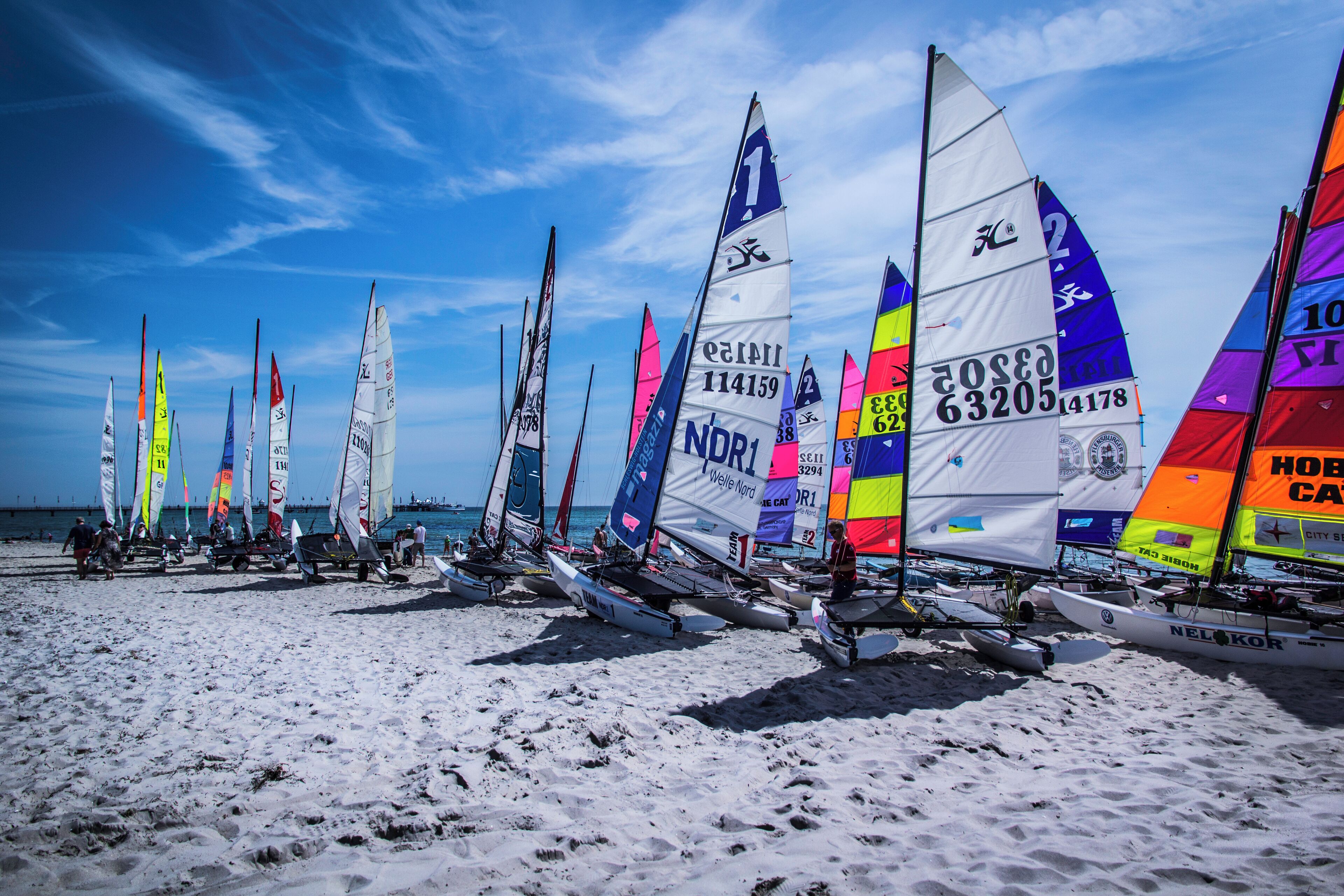 Una spiaggia con diverse barche a vela disposte sulla sabbia.