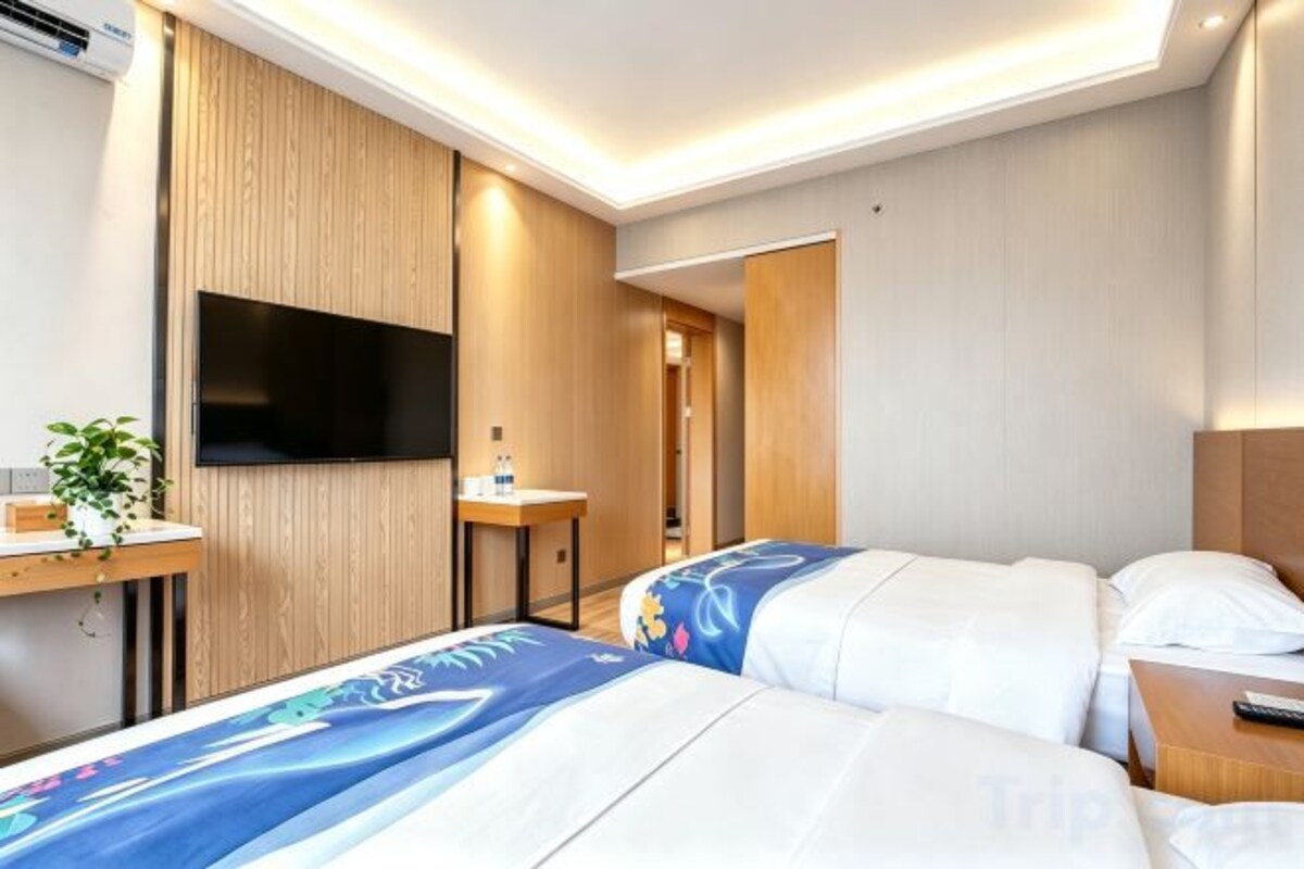 A hotel room with a bed, a desk, a television, and a plant.