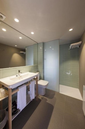 A modern bathroom with a large sink, mirror, and shower area. - Vall de Nuria (Queralbs)