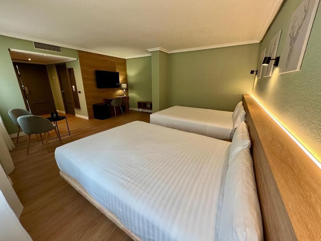Habitación de hotel con dos camas, un escritorio, una silla, televisión y obras de arte en la pared.