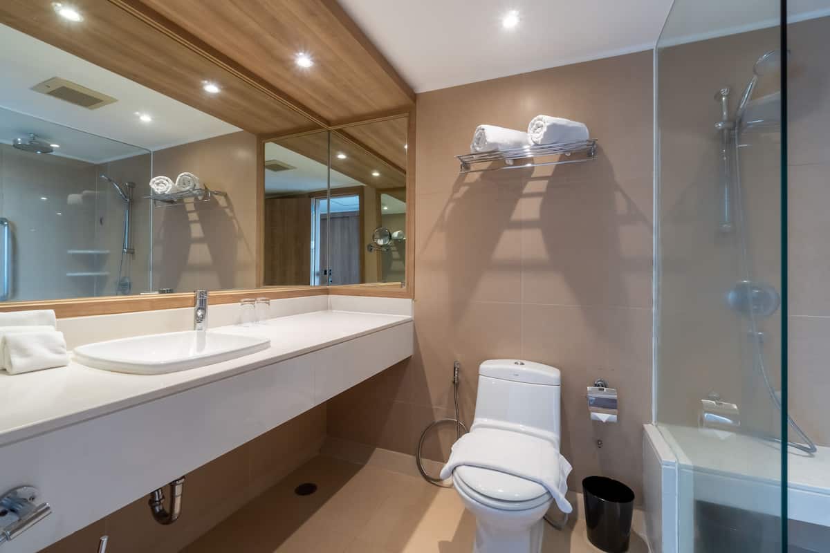 shower, rainfall showerhead, free toiletries, hair dryer