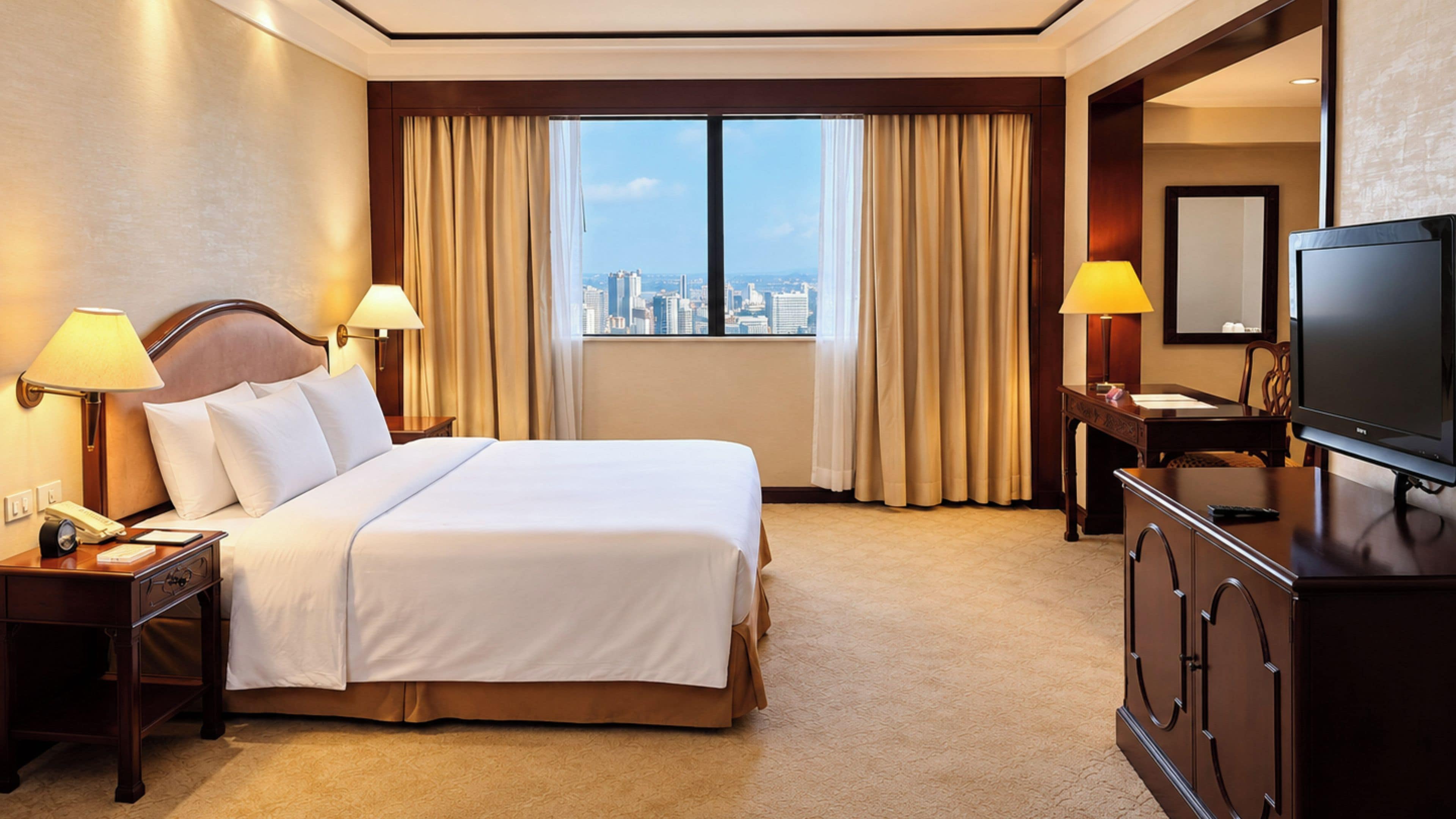 A hotel room with a bed, two bedside lamps, a television, a desk with a chair, and a window with curtains.