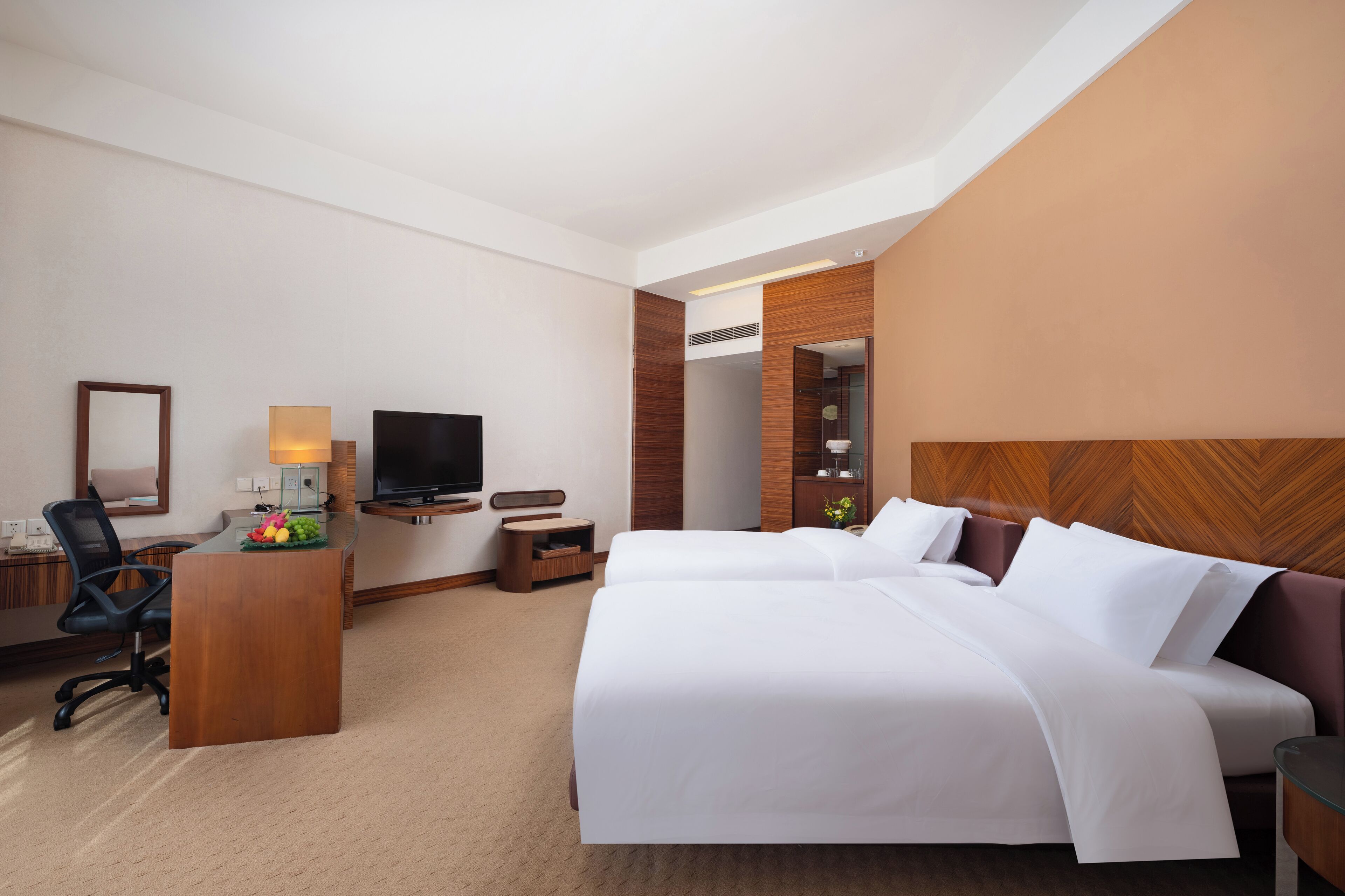 Habitación de hotel con una cama grande, un escritorio con silla, televisor y espejo.