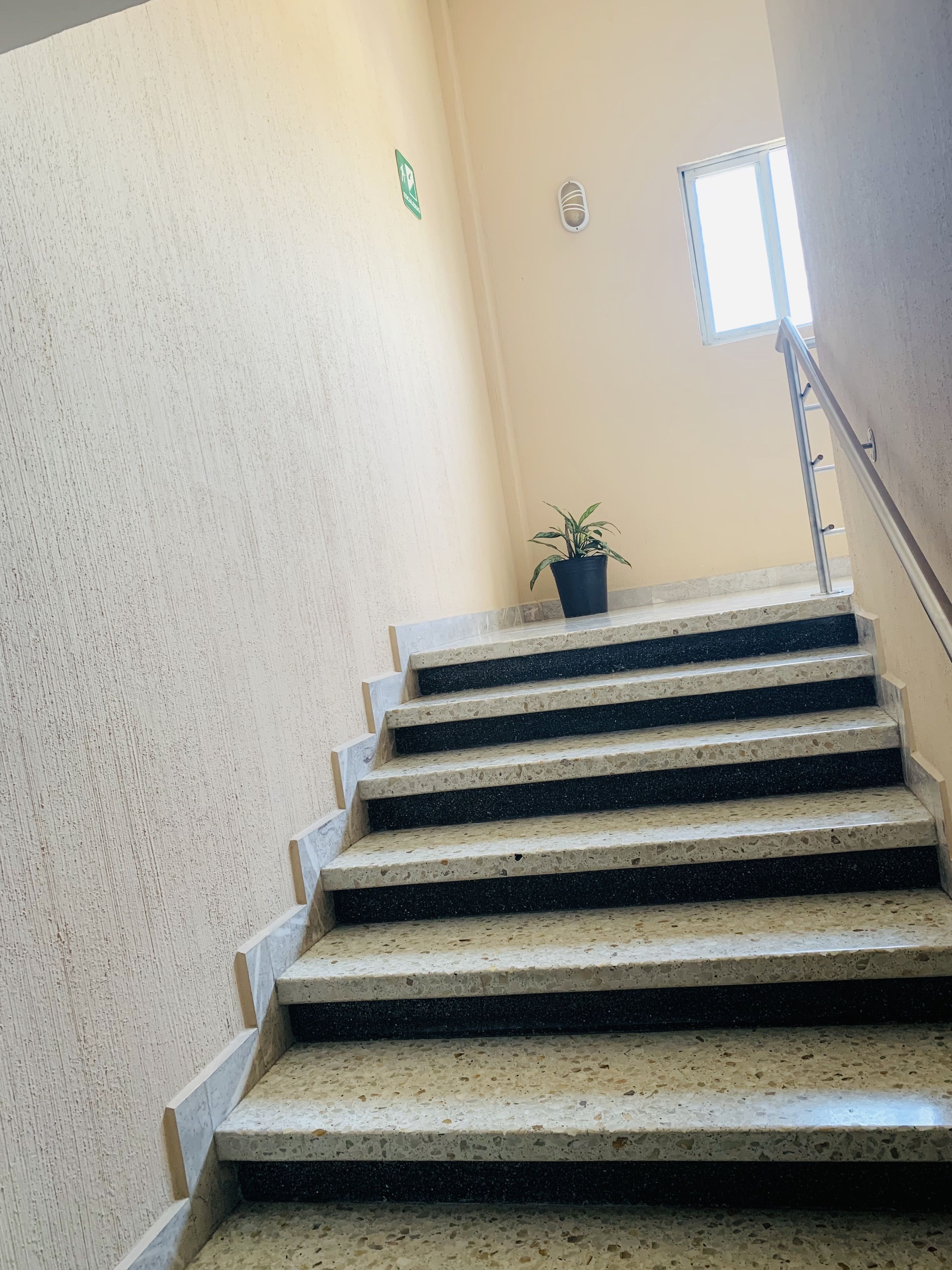 Eine Treppe aus Beton mit Metallgeländer, ein Blumentopf auf der Aussichtsplattform und ein kleines Fenster oben.